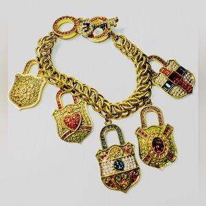 Heidi Daus Gold-Tone Multicolor Pavé Lock Charm Bracelet